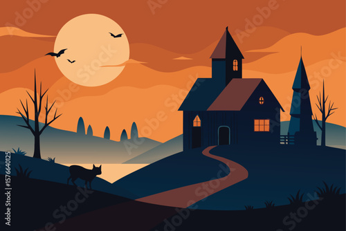 spooky countryside under halloween sky with haunt.eps