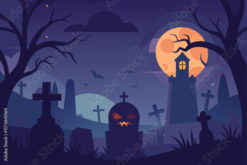 spooky graveyard at dusk with crooked tombstones .eps
