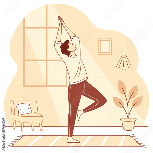 A man practicing yoga tree pose indoors on a rug in a cozy living room with a chair and plant near a window
