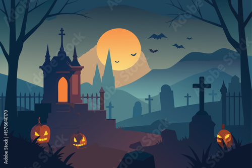 spooky graveyard at dusk with crooked tombstones  (1).eps