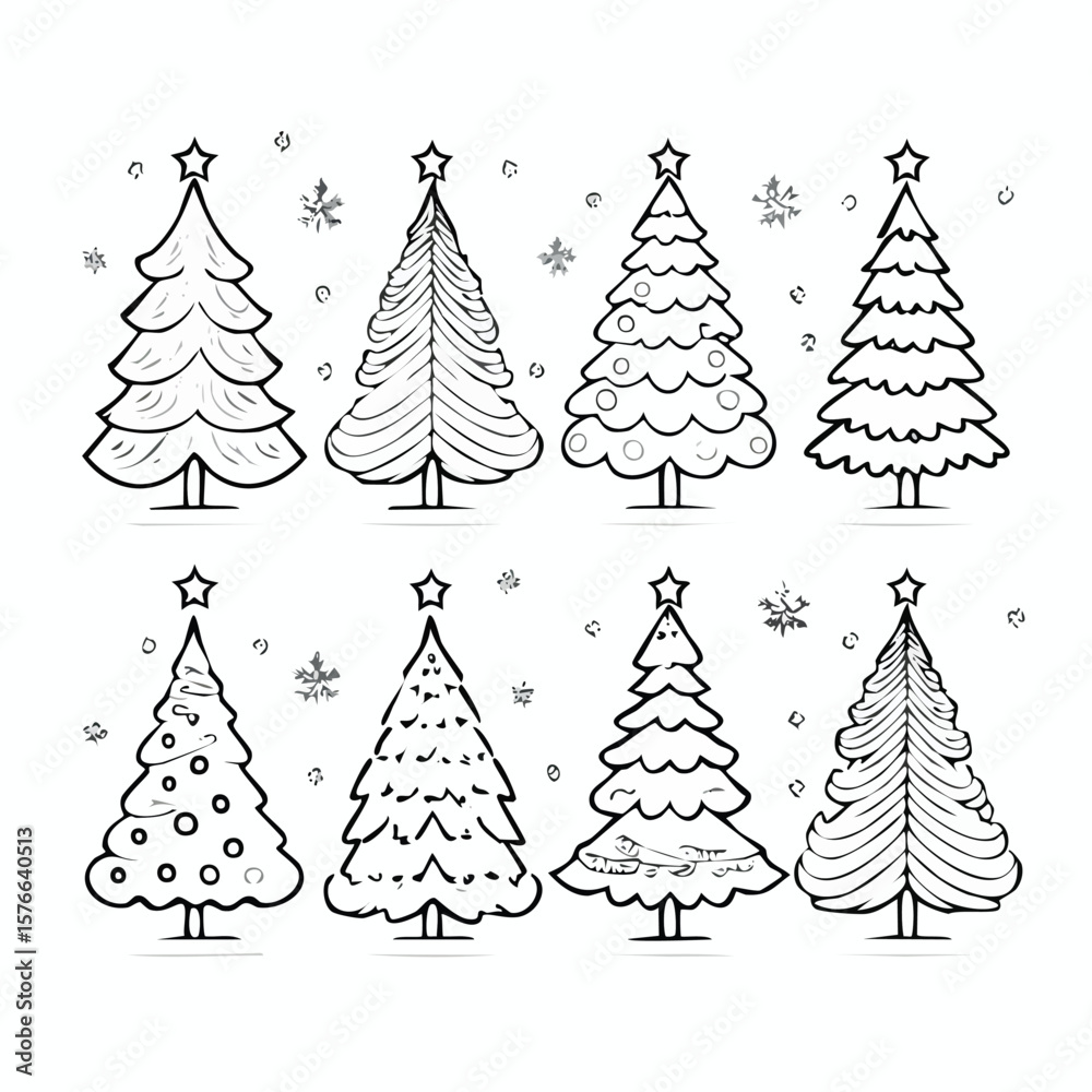 Obraz premium Eight Black and White Christmas Tree Illustrations with Snowflakes holiday winter
