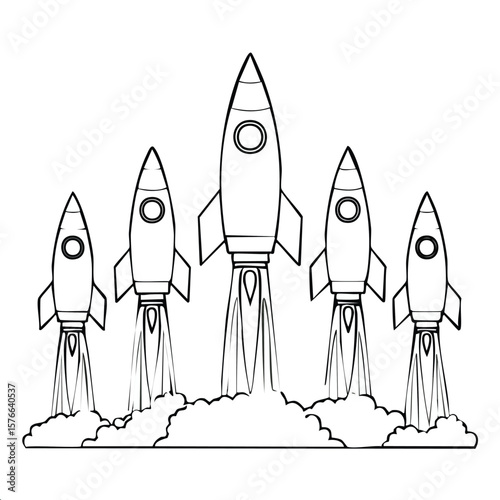 Five black outline rockets launching upwards with smoke and fire spaceship space