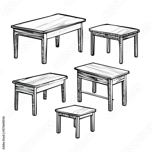 Five black and white line drawings of various wooden tables furniture illustration