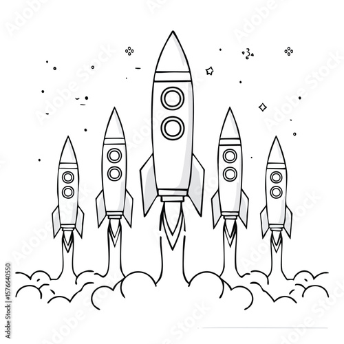 Five black outline rockets launching upwards with smoke and stars spaceship space