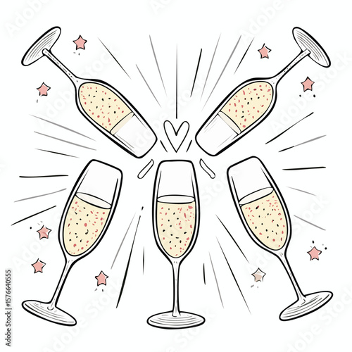 Five Champagne Flutes Filled With Bubbly Liquid Toasting With Stars glass celebration