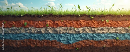 Cross-section illustration reveals diverse soil layers and underground water system. Features rich earth, rocks, and distinct strata with water pockets vital for plant life and ecosystem balance.