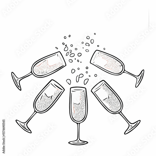 Five Champagne Flutes with Bubbles and Pink Tint Line Art Illustration toast celebration