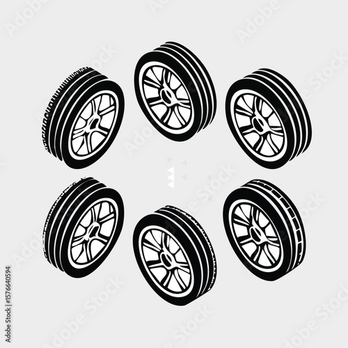 Six black and white isometric car tires arranged in a circle wheel automotive