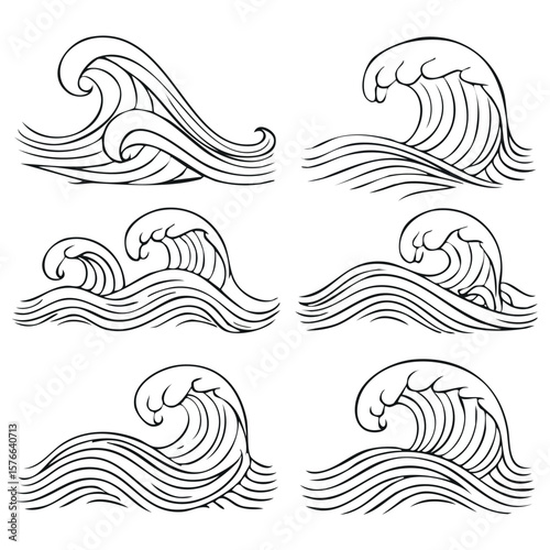 Six black line drawing illustrations of ocean waves in various styles water surf 1