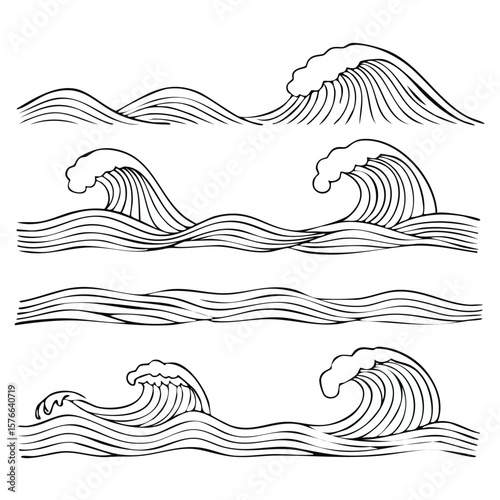 Six black line drawing illustrations of ocean waves in various styles water surf