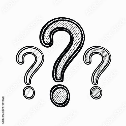 Three Hand Drawn Question Marks with Hatching Detail on White Background symbol punctuation