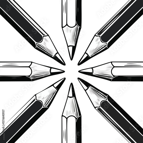 Black and white illustration of six sharpened pencils arranged in a circle drawing 1