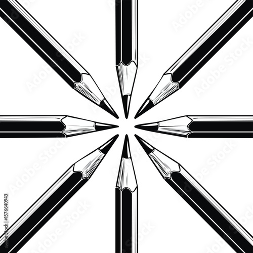 Black and white illustration of six sharpened pencils arranged in a circle drawing
