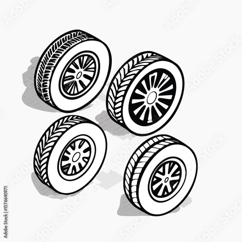 Black and white isometric illustration of four car tires on a white background wheel