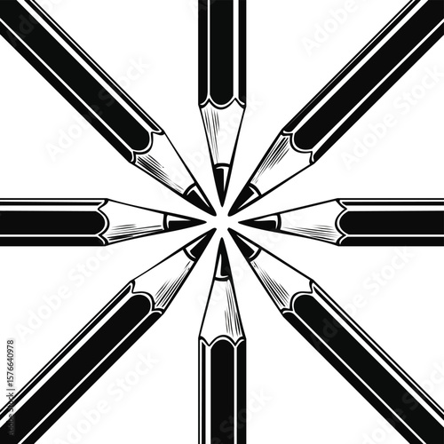 Black and white illustration of six sharpened pencils arranged in a radial pattern