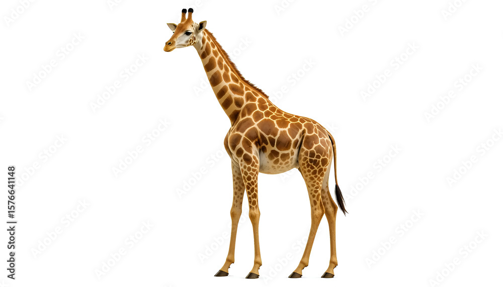 Naklejka premium A giraffe stands gracefully against a white background, displaying its long neck and unique body patterns.