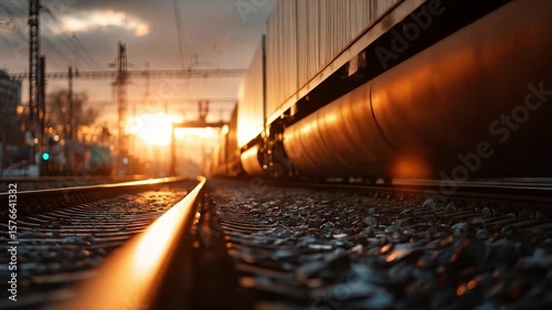 Sunset Freight Train Railway Tracks.