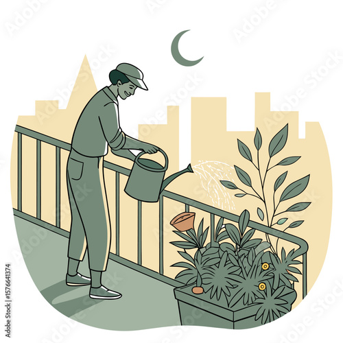 A person wearing a cap waters plants on a balcony at night with a crescent moon visible in the sky above city buildings