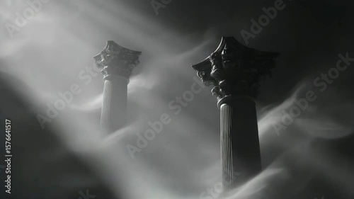 Monochromatic Classical Columns in Ethereal Smoke with Techno Rave Lighting – Ultra HD 8K Surreal Scene Featuring Beat-Synced Flashes and Swirling Charcoal Textures