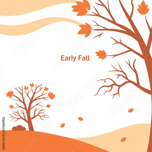 Stylized illustration of early fall with trees shedding orange leaves against a white background and wavy orange and cream shapes