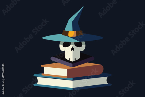 vector skull with witch hat sitting on spell book.eps