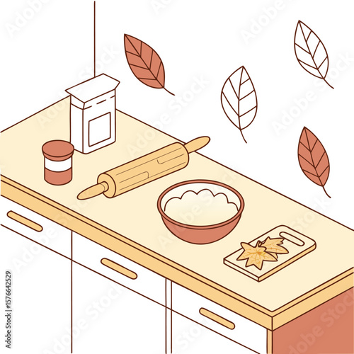 Cozy autumn baking scene with ingredients like flour a rolling pin and fall leaves on a kitchen counter with cabinetry below