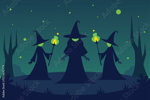 witch trio casting spells in forest with glowing  (1).eps