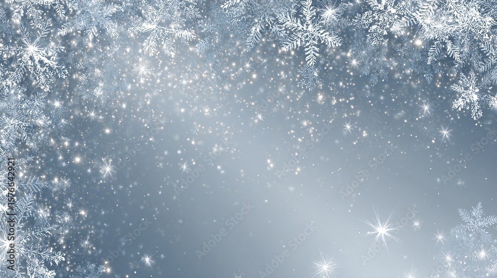 Obraz premium Winter Scene with Snowflakes, Glitter, and Sparkling Lights on a Gradated Blue Backdrop