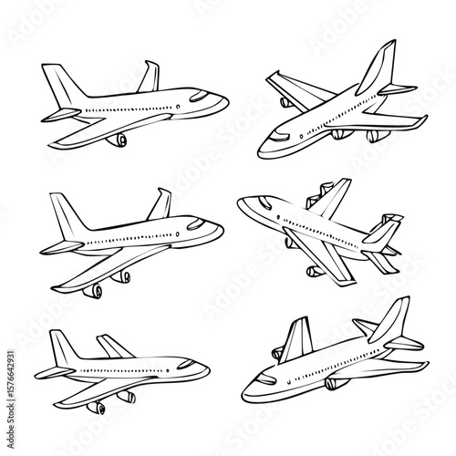 Six airplanes in different angles line drawing on white background aircraft airliner
