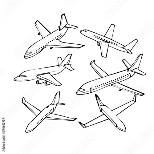 Six Airplane Line Drawings Different Angles White Background aircraft travel