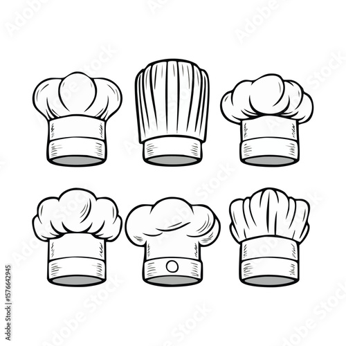 Six Black and White Chef Hat Illustrations on White Background toque blanche cooking hat