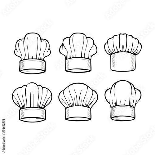 Six black and white chef hats arranged in two rows toque blanche cooking hat 1