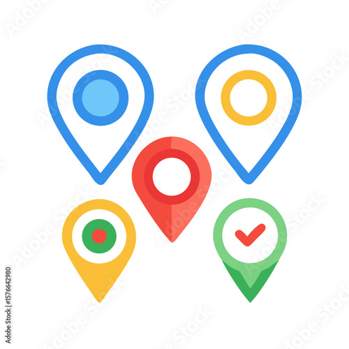Set of map pointer icons with pins and location markers for navigation and travel design