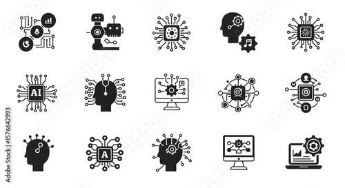Artificial Intelligence Icons: A collection of diverse and stylized icons symbolizes the evolution of artificial intelligence, offering a visual representation of this rapidly advancing field
