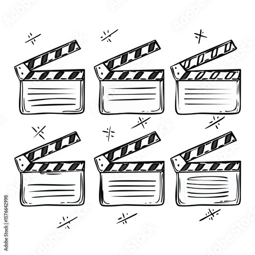 Six Black and White Doodle Style Film Clapperboards with Starbursts movie clapper cinema clapper