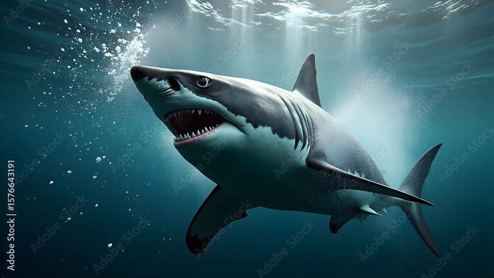 Fototapeta premium Dramatic Capture of Great White Shark Feeding with Splashes