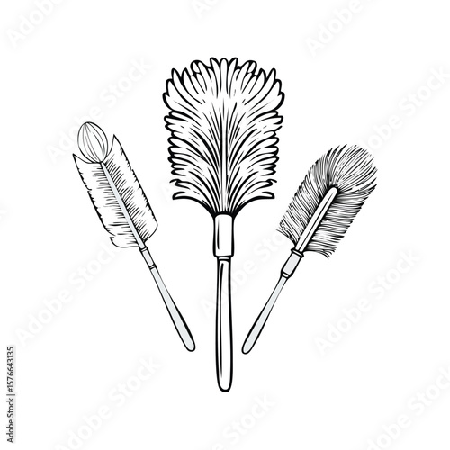 Three Black and White Feather Dusters Illustration with Detailed Feathers cleaning
