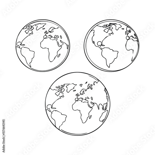 Three black and white line art globes showing continents and oceans world map geography