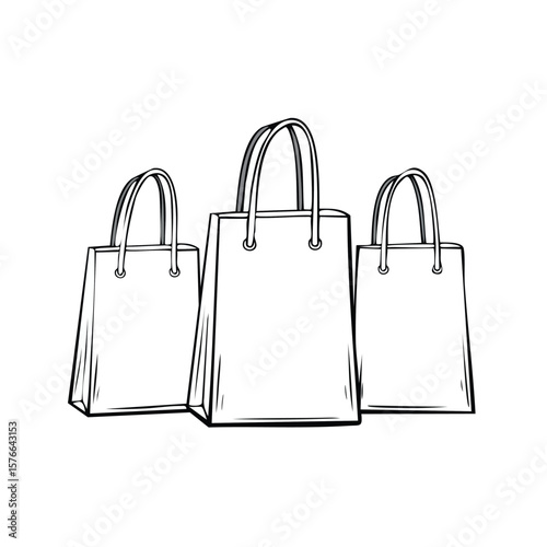 Three black line drawing shopping bags on white background tote bag paper bag