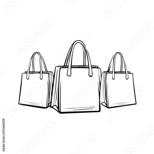Three black line drawing shopping tote bags on white background shopping bag handbag