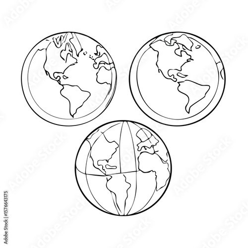 Three Line Art Globes Showing Continents North America South America Europe world map