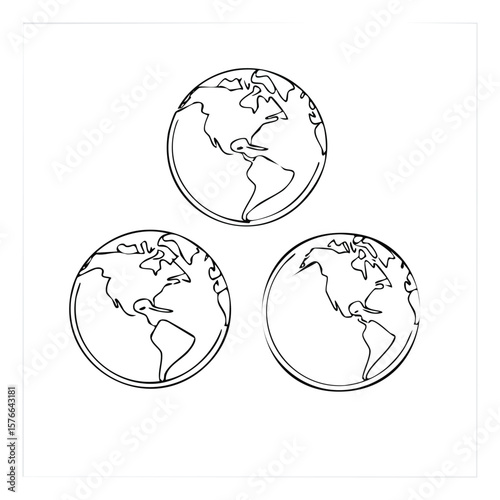 Three simple line art globes showing continents and oceans world map geography