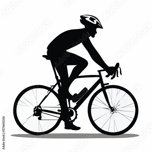 Black silhouette of a cyclist wearing a helmet riding a road bike cycling bicycle