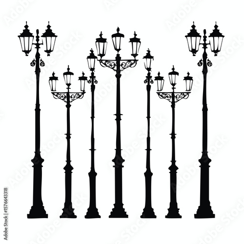 Black Silhouette Vintage Lampposts on White Background lamp post street light