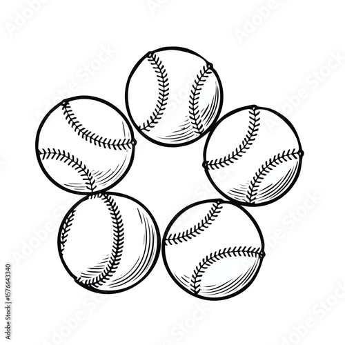 Five black and white baseball illustrations arranged in a circle baseball ball sport