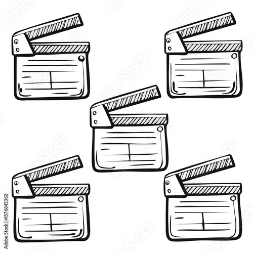 Five black and white film clapperboards in doodle style illustration movie clapper