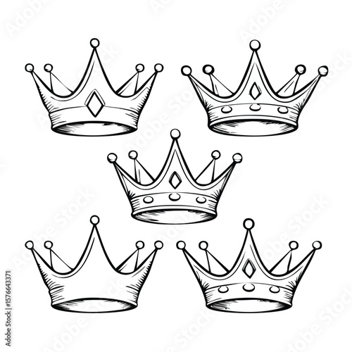 Five black line art crowns with pointed tops and decorative elements royal tiara