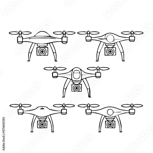 Five black line drawing quadcopter drones with cameras aerial vehicle unmanned aerial vehicle 1