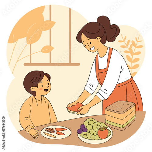 A mother and child are preparing food together in the kitchen with fresh vegetables and a sandwich on the table illustrating healthy eating and family bonding