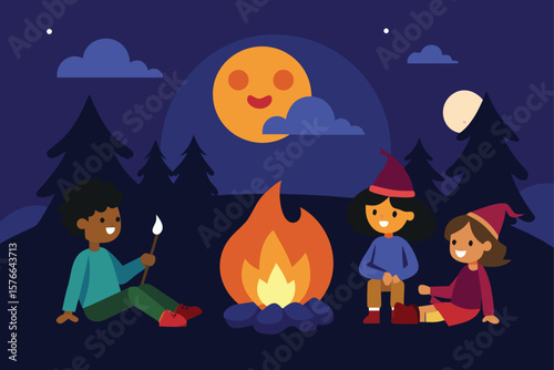  campfire halloween night scene with kids roasting (1).eps